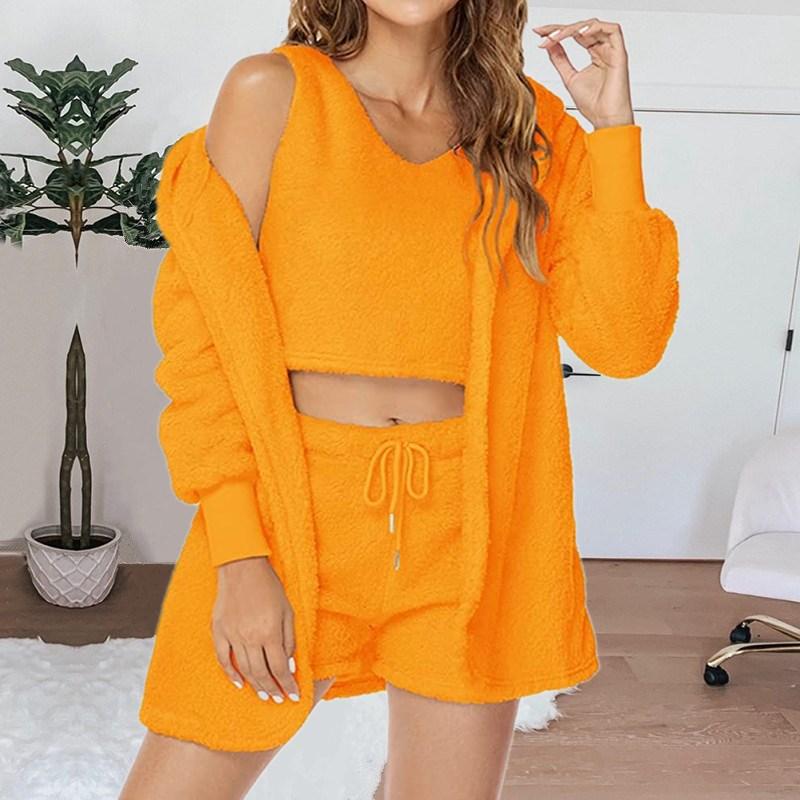 Home Wear Long Sleeved Plush Casual Three Piece Set Jacket Vest Shorts Sports Suit