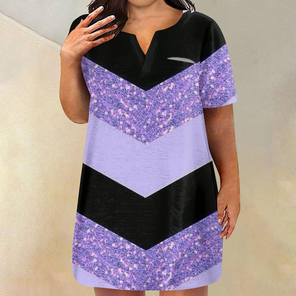 Womens Plus Size Dresses V Neck Short Sleeve Summer Casual Dress Tunic With Pocket