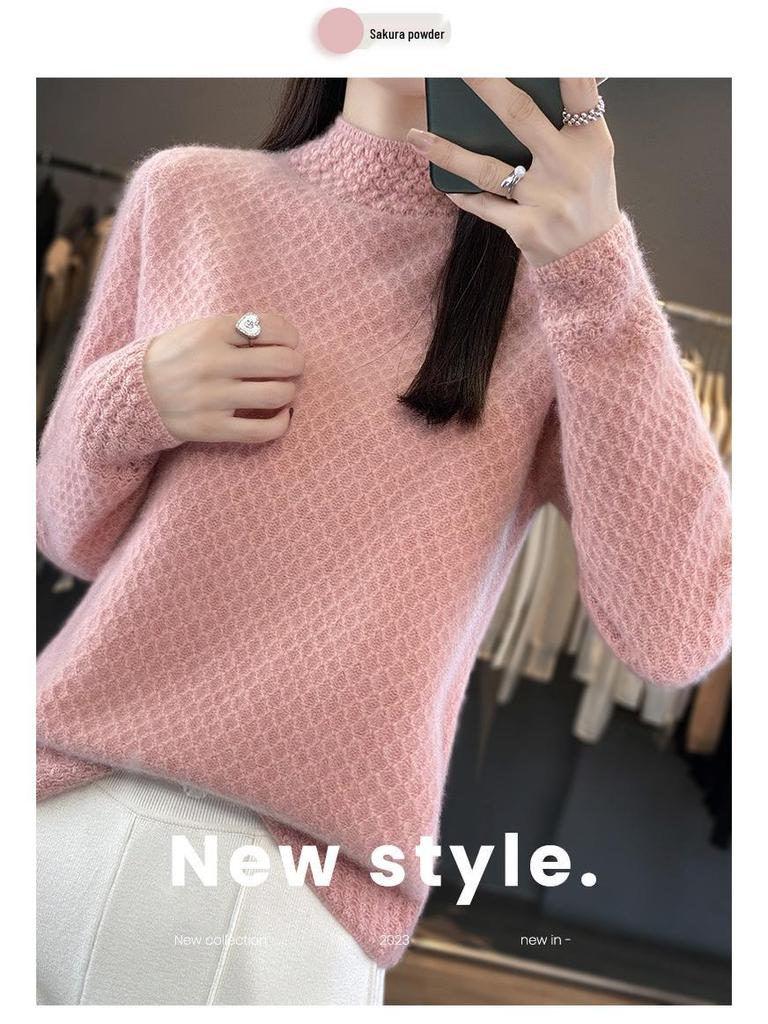 Women's Autumn Winter Thick Wool Sweater - Korean Style Half High Collar, Hollow Out Floral Design