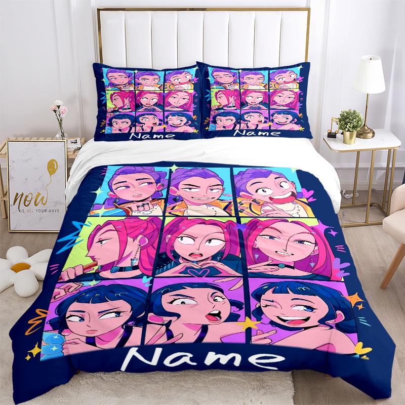 Custom Name kpop cartoon Girl Bedding 3 Piece Set HD Print Duvet Cover Pillowcases for Teens Adult Bedroom Decoration