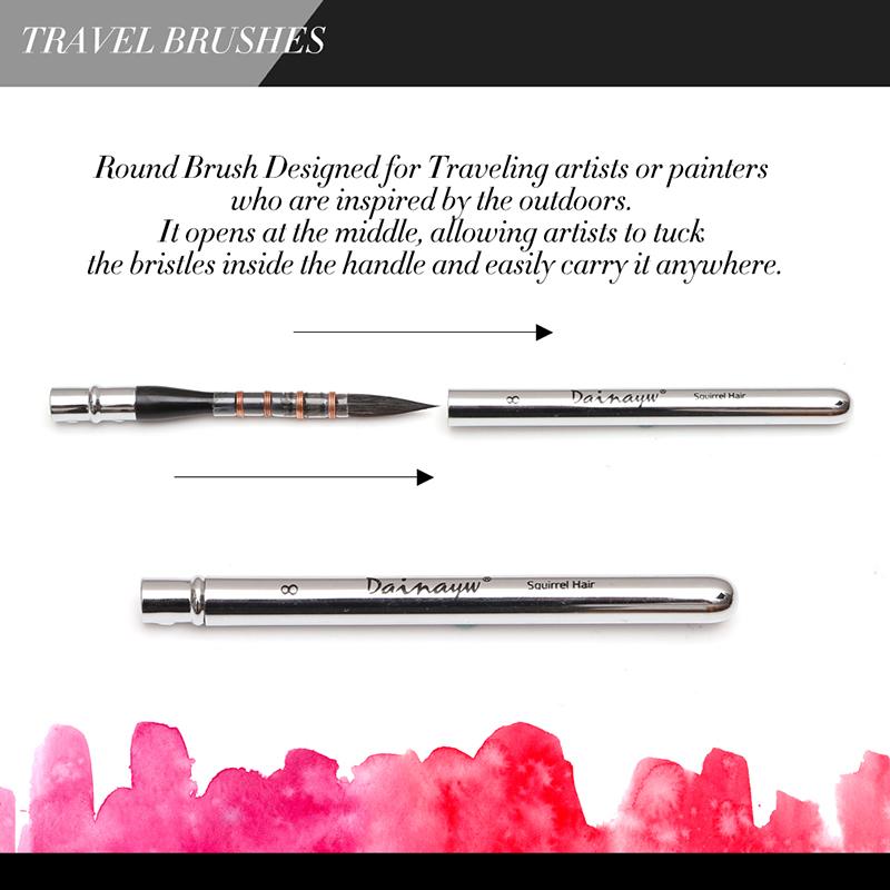 Dainayw Беличьи волосы, дорожные кисти для рисования, 6 шт., тонкая линия, кисть с возможностью складывания, колпачок с наконечником для наружного применения, акварель, гуашь, акриловая живопись