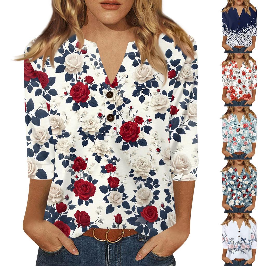 Жен. Футболка С принтом Пуговицы Рукав 3/4 Повседневные Выходные Мода Классический Классический V-образный вырез Обычный Верх