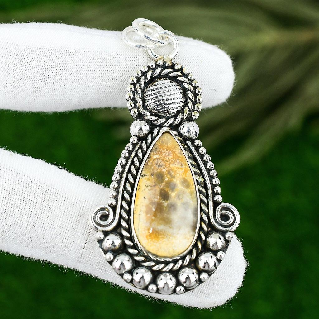 Pear Natural Fossil Coral Bezel Root Chakra New Pendant Jewelry Sterling Silver