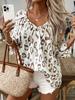 Весна Лето Женский Элегантный Повседневный Топ Бежевый Леопардовый Принт V-образный Вырез Рукав 7/8 с Рюшами Рубашка