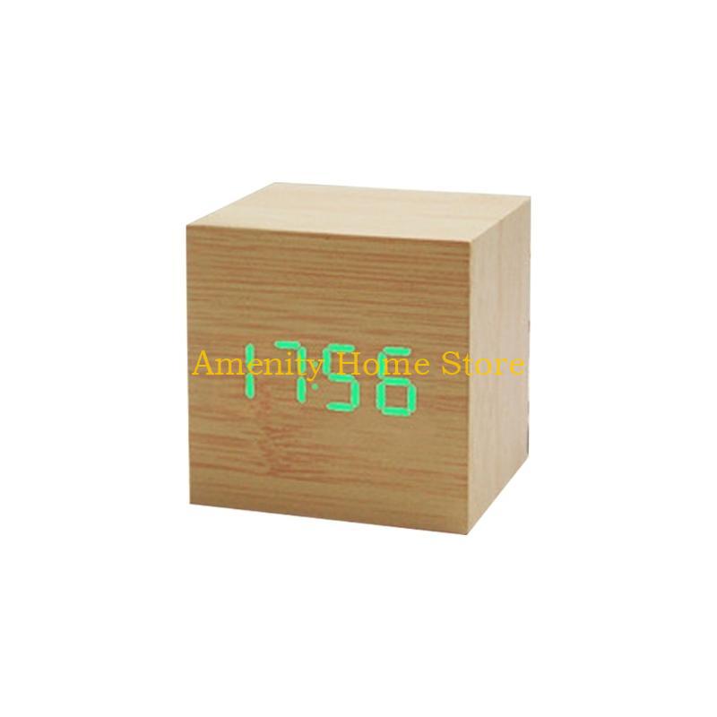 F26C Wood Cube Voice Control  Led Alarm Clock Decorative Clock Ornaments Art Crafts Supplies for Home Bedroom Dormitory