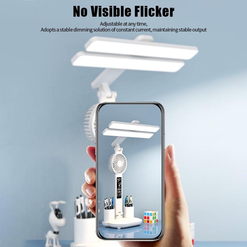 3 в 1 лампа для чтения с защитой глаз, мини-вентилятор, ящик для хранения канцелярских принадлежностей, дисплей температуры/времени/даты, без мерцания, настольный светильник для учебы