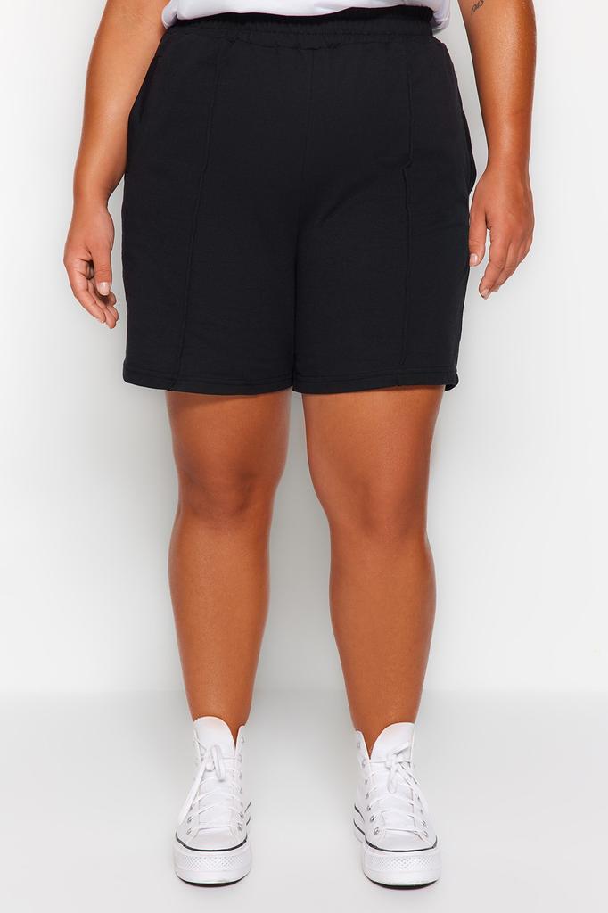 Women's Plus Big Size Fashion Black Thin Ribbed Knitted Shorts