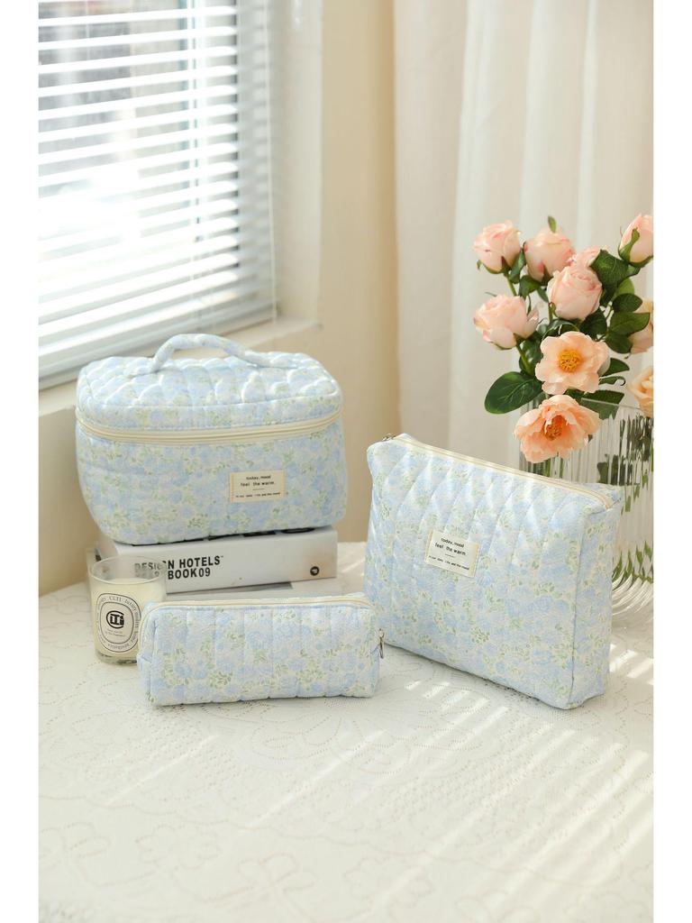 Косметичка из стеганого хлопка с цветочным принтом большой вместимости - Портативная и милая для путешествий или для студенток