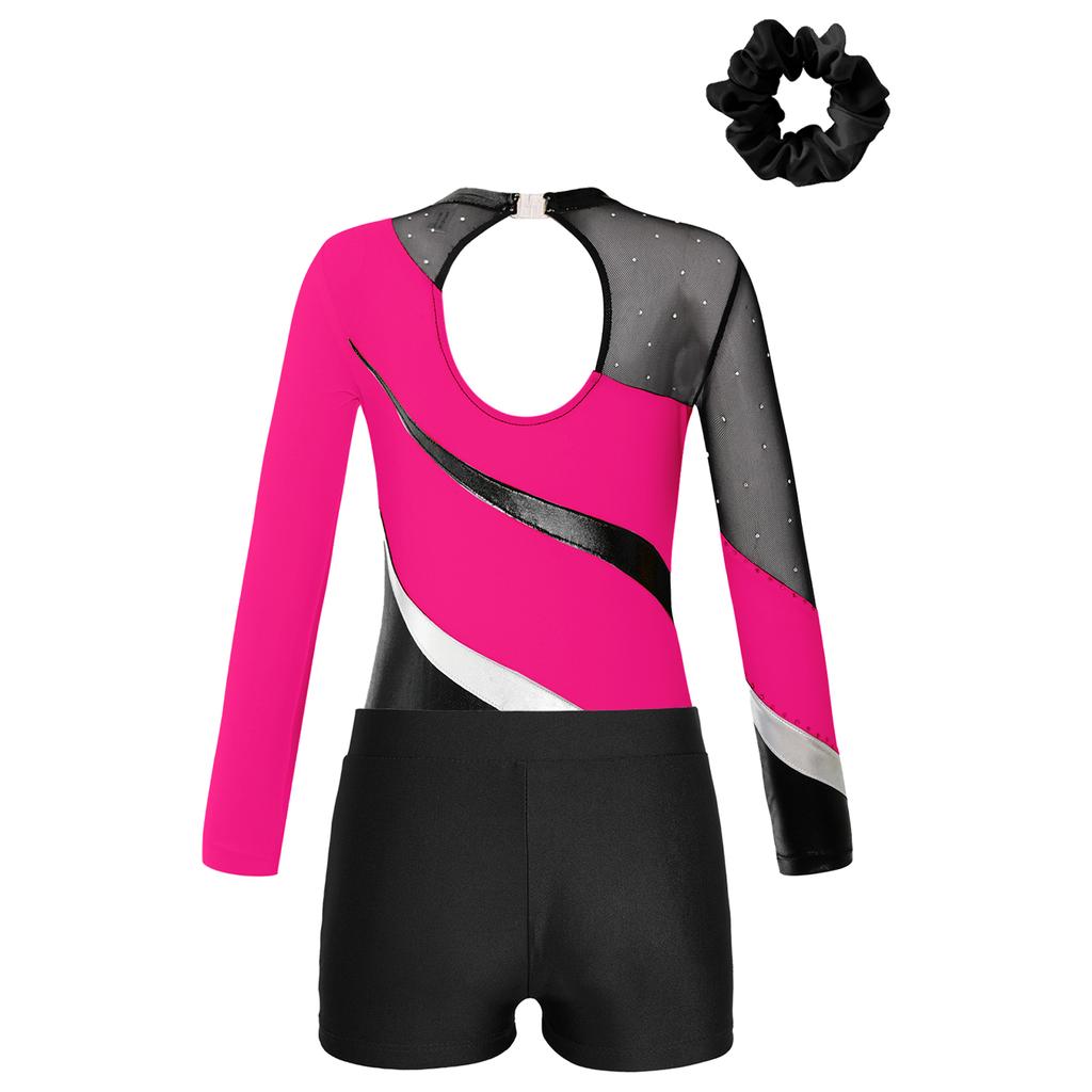 Девочки Дети Блестки Металлический Гимнастический Купальник с Шортами Танцевальный Комбинезон Бикетард Одежда Для Танцев