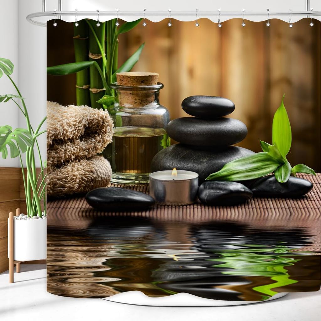 Шторка для душа Zen Spa Базальтовые камни Травяное масло Ароматические свечи Бамбук и отражение воды Расслабляющая медитация Домашний декор Водонепро