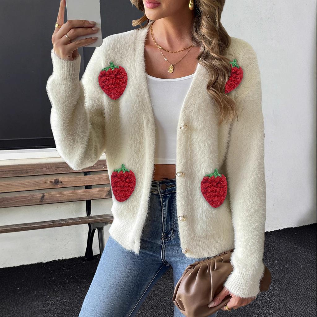Женский свитер-кардиган из искусственного меха норки с жемчужными пуговицами, на четырех пуговицах, с трехмерной вышивкой, пэчворком из клубничной ткани