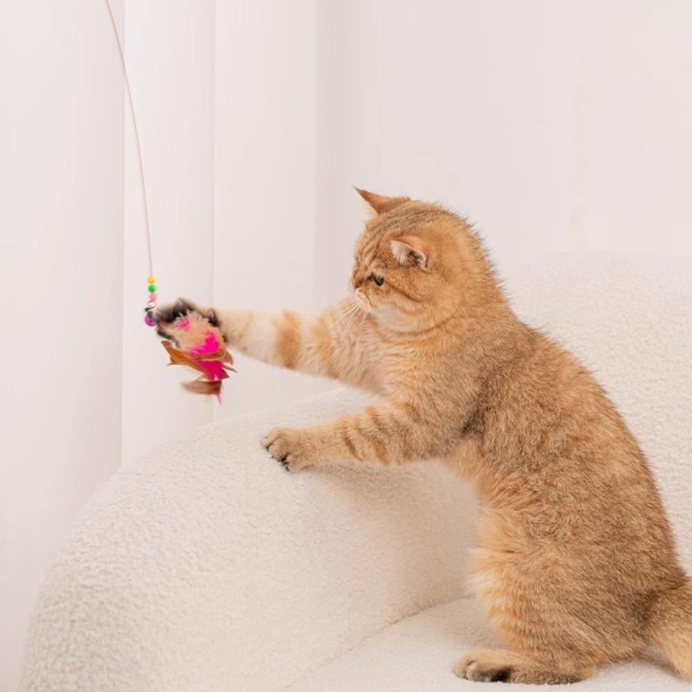 Interactive Cat Wand Toy with Feather-Style Tassel & Bell on Flexible Elastic Rod