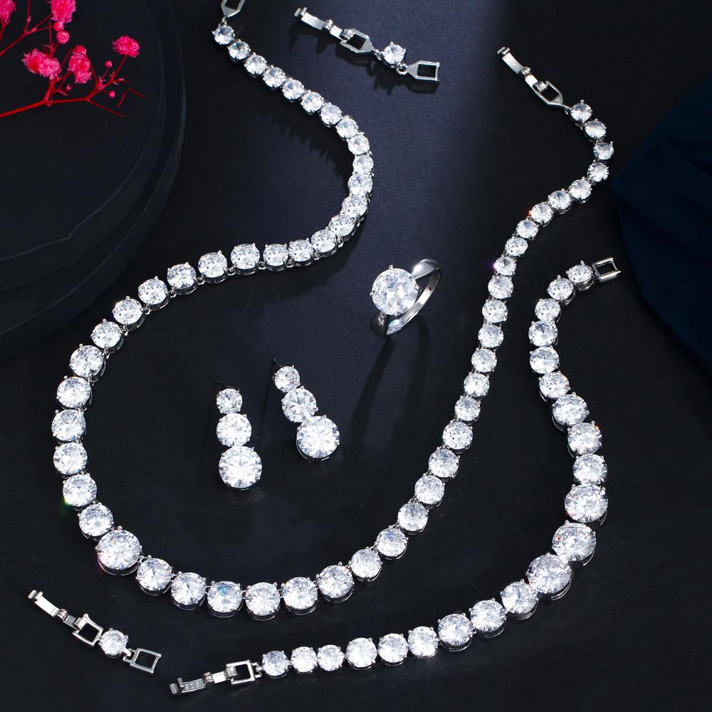 CMM 4PS Роскошный комплект свадебных украшений, ожерелье, кольцо, серьги, браслет, сапфировый цвет/рубиновый цвет, цирконий