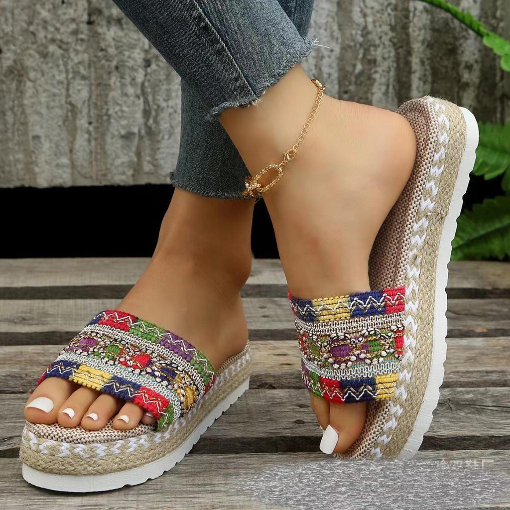 Ethnic Wind Plus Size Ladies Footwear Thick-soled Fishmouth Hemp Rope Candy-colored Slippers