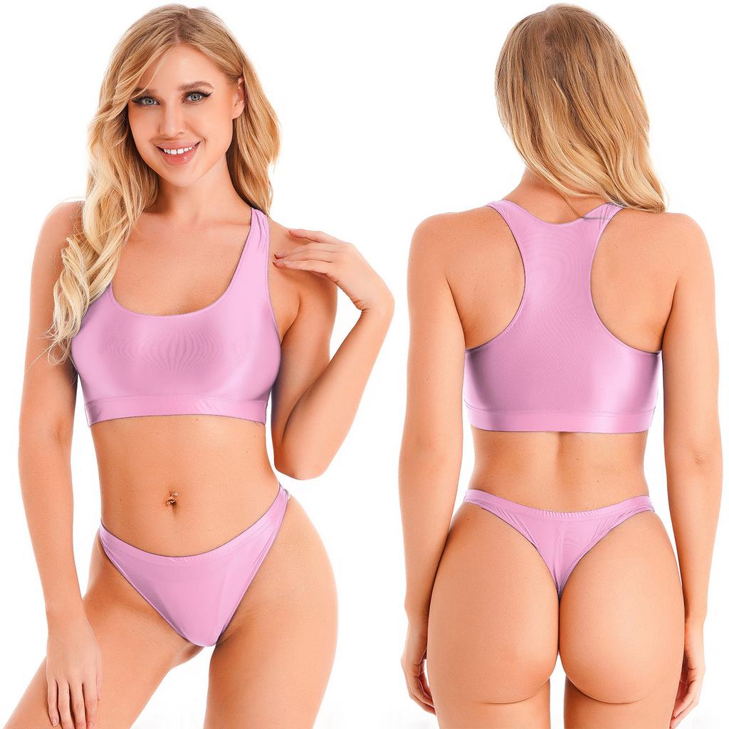 Dámské lesklé bez rukávů tílko s U výstřihem a kalhotky s nízkým pasem sportovní fitness plavkový set
