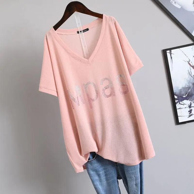 Extra Large Size T-shirt Women's Summer V-neck Clothes Fashion Loose Diamond-studded Letter Short-sleeved T-shirt Women