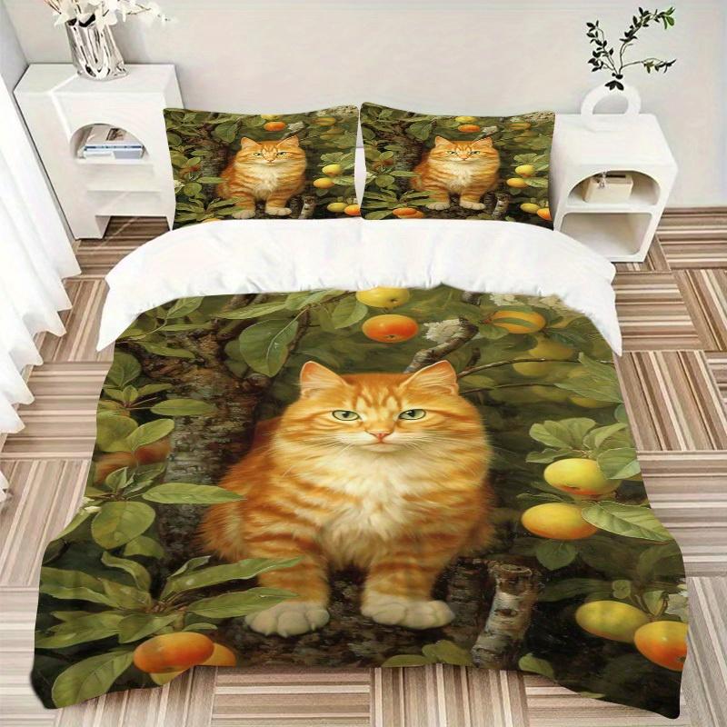 3pcs cat, apple tree Bedding Set Down Comforter Cover and Pillowcases, Suitable for Guest Room Home Decoration All Seasons(No Insert) S0819040