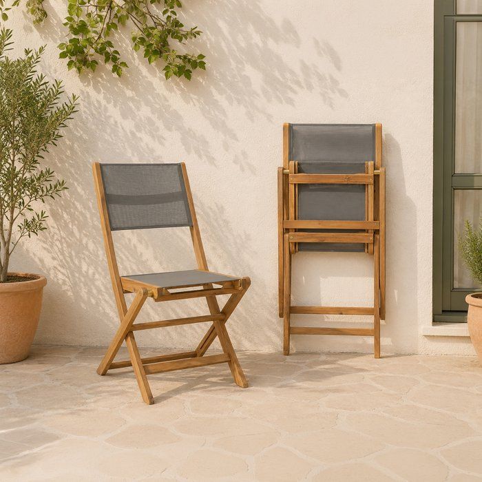 Lot de 2 chaises de jardin pliantes en bois d'acacia FSC - EDEN - Assise textilène - Gris - 58 x 58 x H90 cm