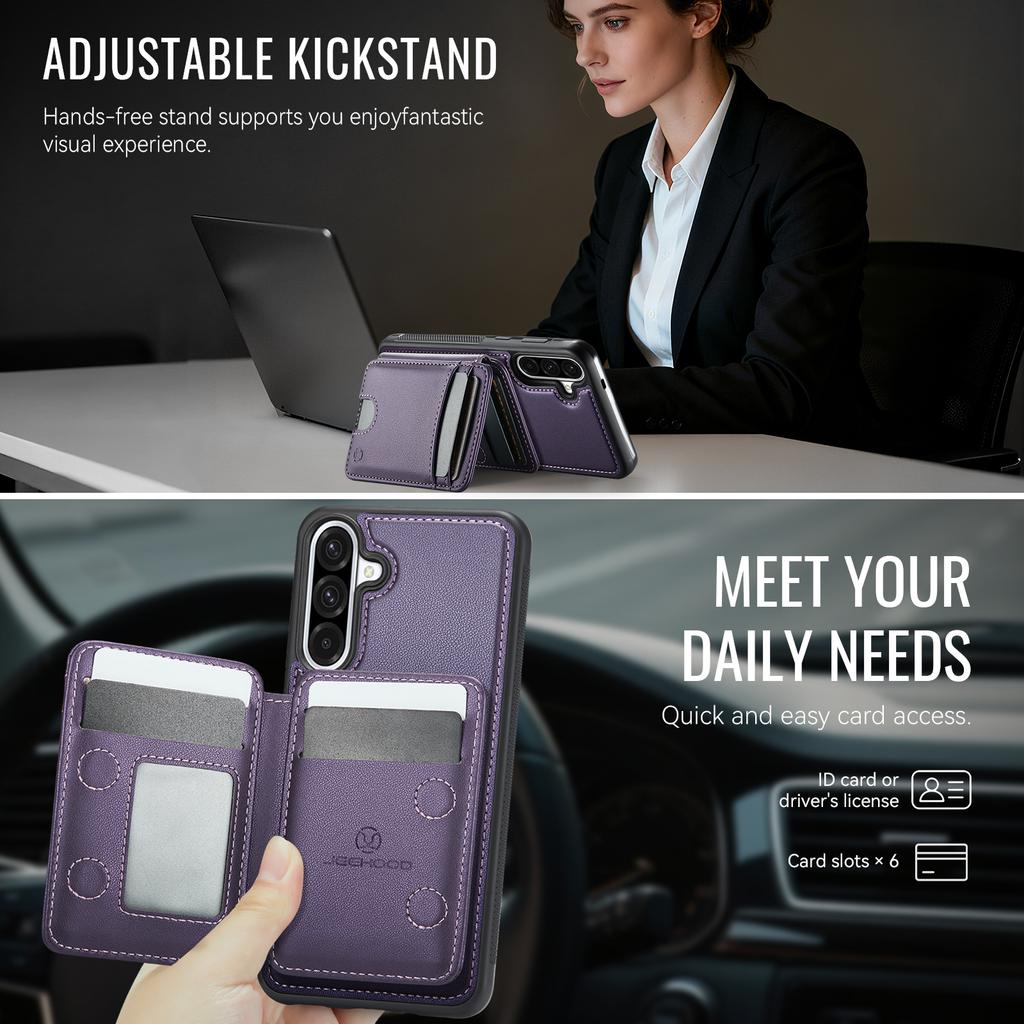 For Samsung Galaxy A56 5G Magnetic Case JEEHOOD J10 Leather Back Phone Cover with Detachable Card Holder Kickstand
