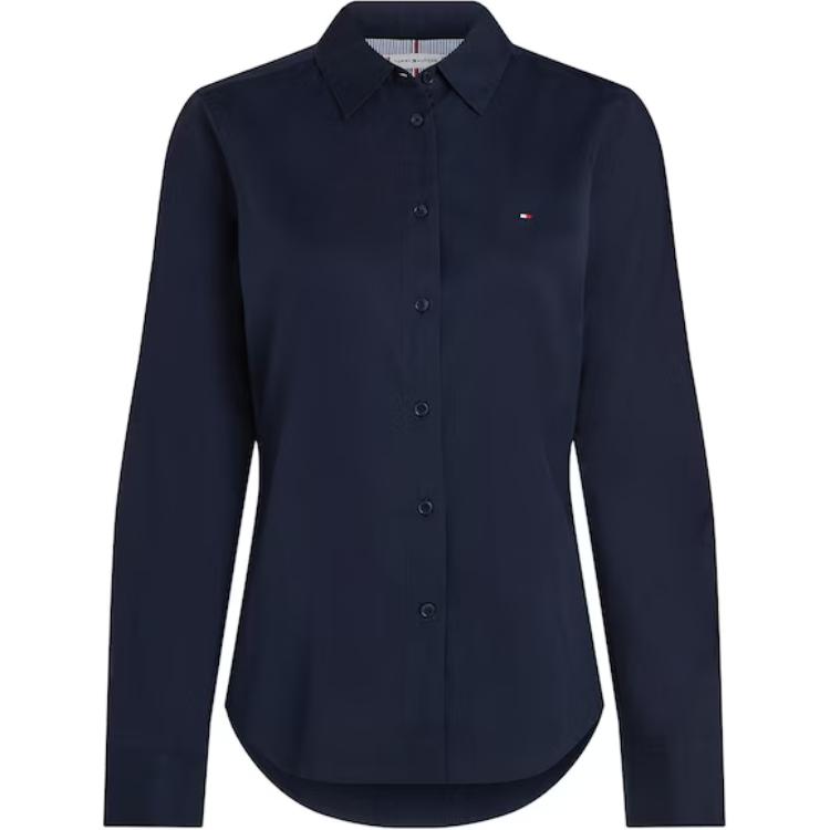 Tommy Hilfiger Однотонная рубашка-поло с вышитым логотипом, однобортная, приталенная, с длинным рукавом, женская, синяя WW0WW42019-DW5