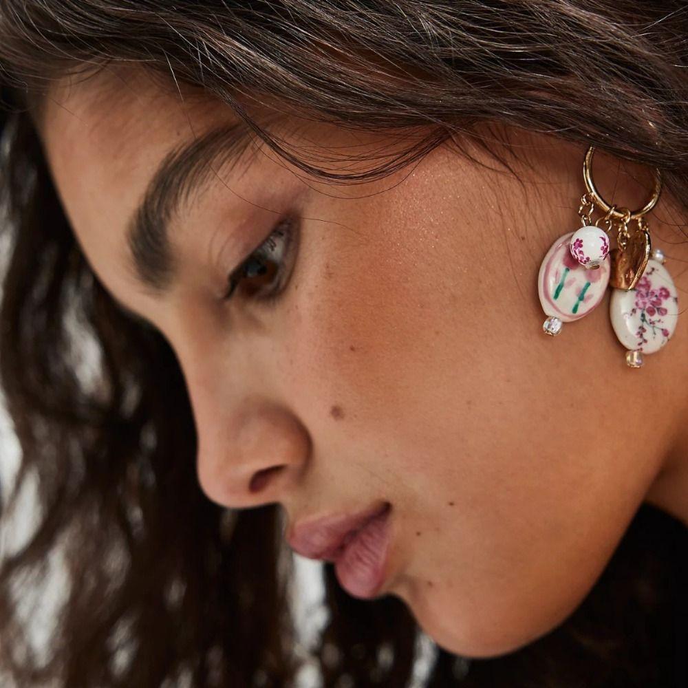 Ювелирные аксессуары Сине-белые фарфоровые серьги Цинк Цинковый сплав Серьги-кольца Керамическая ушная пряжка Вечеринка