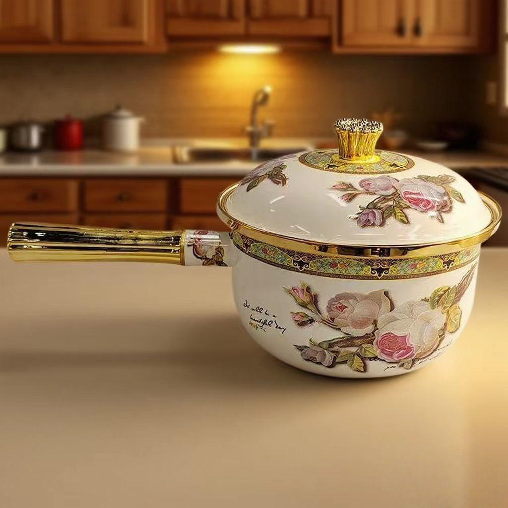 Универсальный эмалированный фарфоровый ковш с одной ручкой для молока, супа, лапши и детского питания - Совместим с индукционными/газовыми плитами