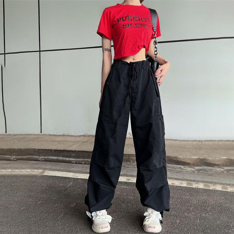Женские брюки-карго в стиле ретро в стиле хип-хоп Y2K Harajuku Oversize, прямые широкие брюки, черные брюки-парашюты, женская винтажная уличная одежда
