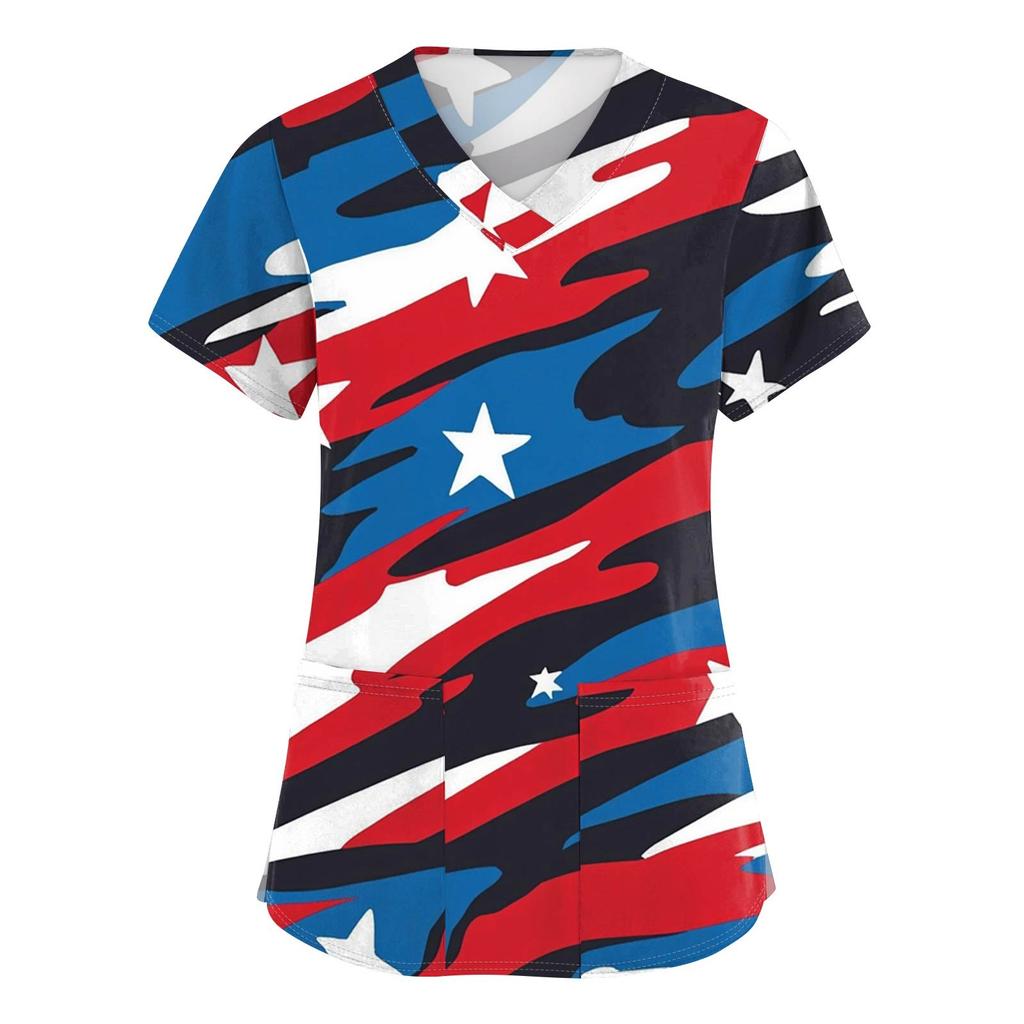 Women's Short Sleeve Independence Day Printed V-Neck Pocket Workwear Top