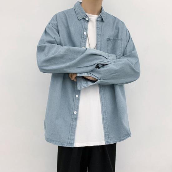 Мужская рубашка-рубашка на весну и лето, пальто с отложным воротником и длинными рукавами, однобортный кардиган, свободный нагрудный карман, чистый цвет, школьный