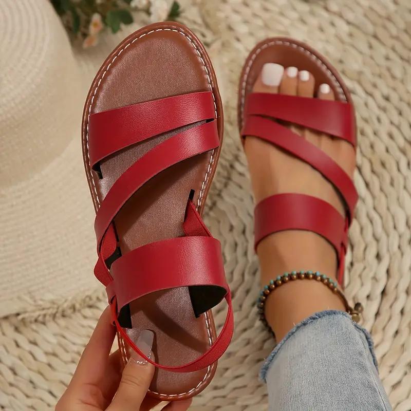 2024 New Women's Solid Color Faux Leather Flat Sandals, Casual Open Toe Summer Shoes, Lightweight Ankle Strap Sandals