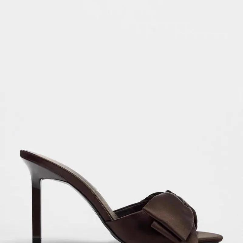 Темпераментные туфли-стилетто Летние Новые с круглым носком Открытый носок Бант Закрытая стопа Нескользящие Износостойкие Туфли на высоком каблуке с одной перемычкой