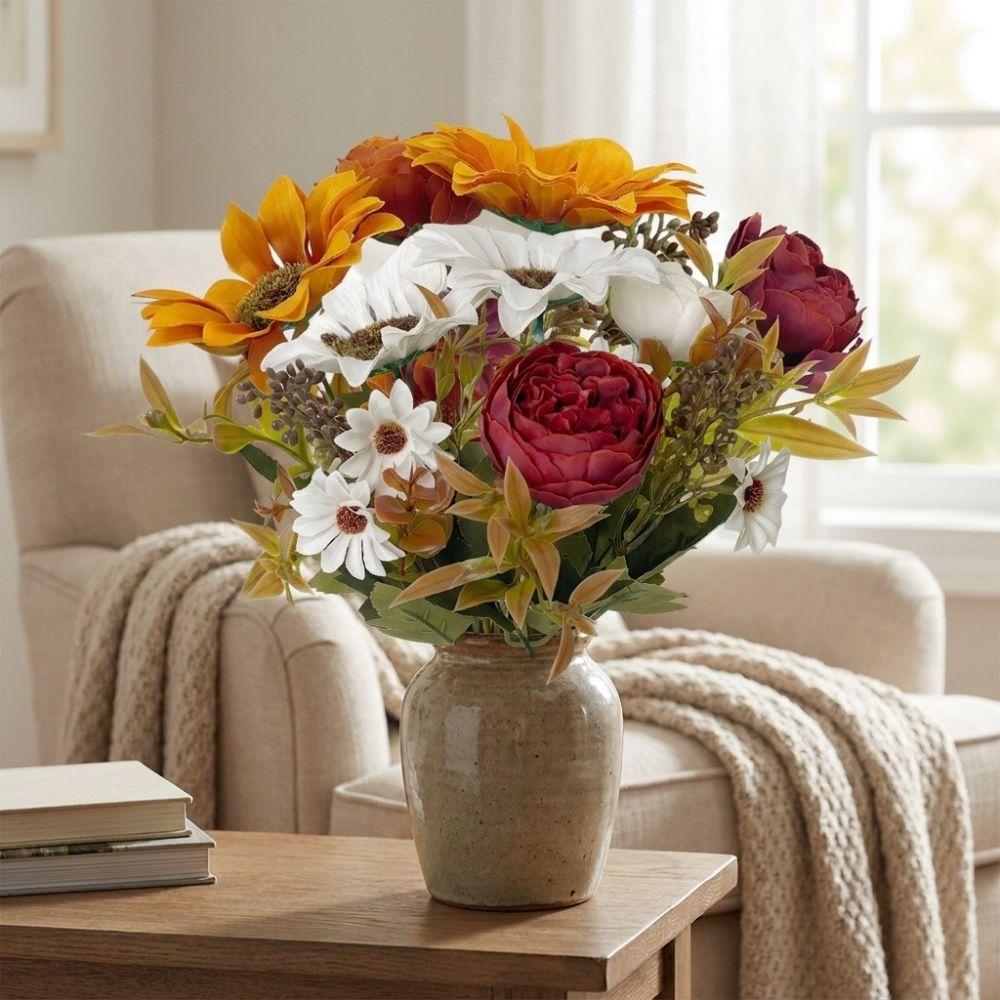 Rustic Fall Autumn Sunflower Peony Bouquet UV Resistant Sunflower Floral Decor Living Room Decor
