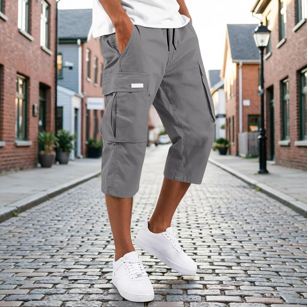 Men’s Drawstring Cargo Pants Multi Pocket Relaxed Fit Seven Quarter Length Casual Trousers for Daily Wear Outdoor Activities