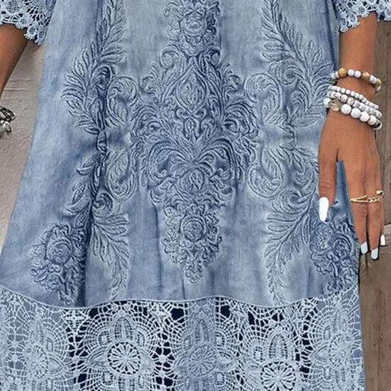 Летнее женское платье с V-образным вырезом и ажурными кружевными пуговицами с рукавами три четверти и вышивкой, сплошное цветное свободное платье длиной до колена в стиле ретро-миди