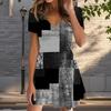 Summer Fashion Women's V Neck Short Sleeve Geometric Patterns Printed  Dress Sex Short Skirt Dresses