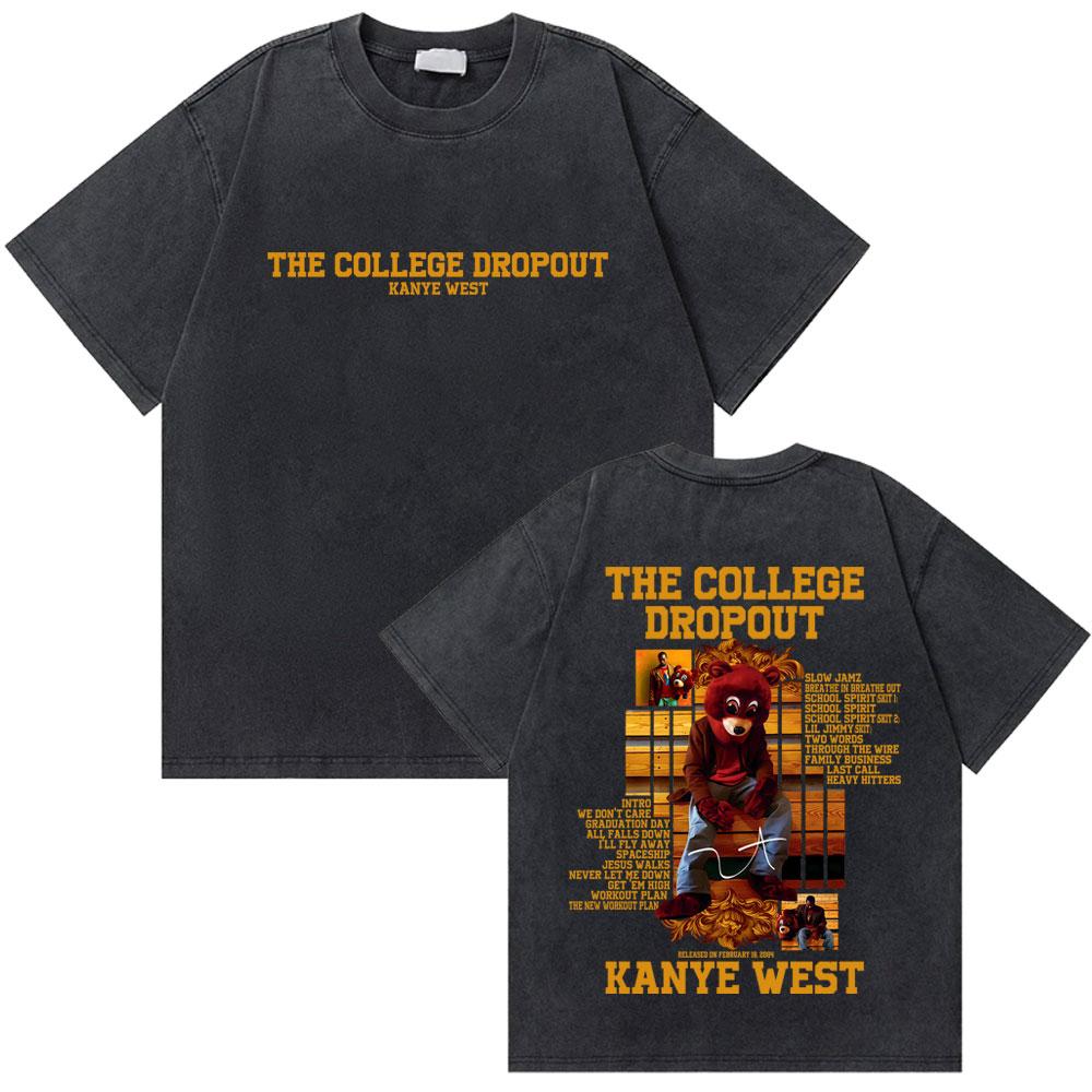 Washed Vintage Rapper Kanye West The College Dropout Bear Graphic Tshirt Men Hip Hop Pop Music T Shirts Fashion Trend Tshirts