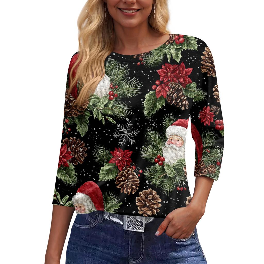 Women's Fashion Casual Round Neck 3/4 Sleeve Loose  Printed T-Shirt Ladies Top