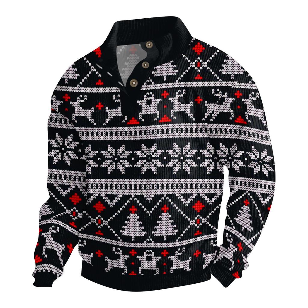 Мужская рождественская хлопковая рубашка-пуловер с длинным рукавом для активного отдыха, винтажная вельветовая рубашка с воротником-стойкой и пуговицами, повседневная толстовка с рождественским принтом