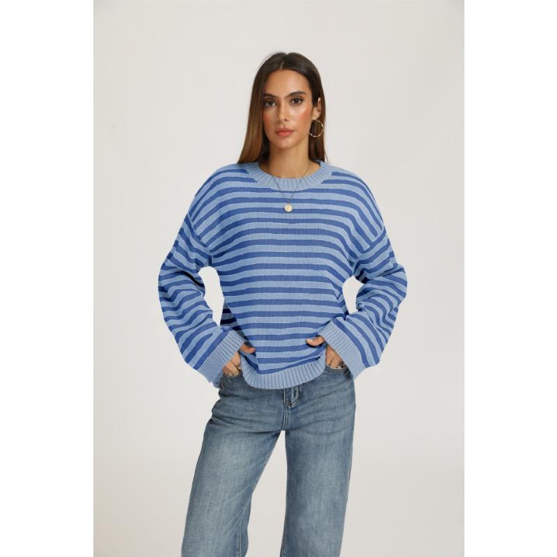Women Loose Striped Pullover Sweater Crew Neck Long Sleeve Knitwear Autumn Winter