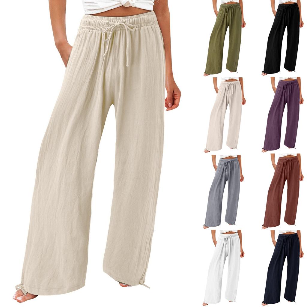 Women's 9-pant Casual Loose High Waist Cotton Linen Wide Leg Long Pants With Pockets