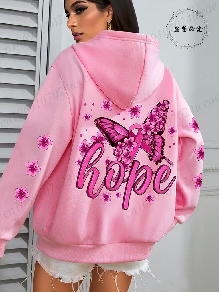 Hope Pink Ribbon Butterfly Breast Cancer Awareness Warrior Print Hoodies Women Casual Fashion Hoody Fleece Harajuku Trend Hooded