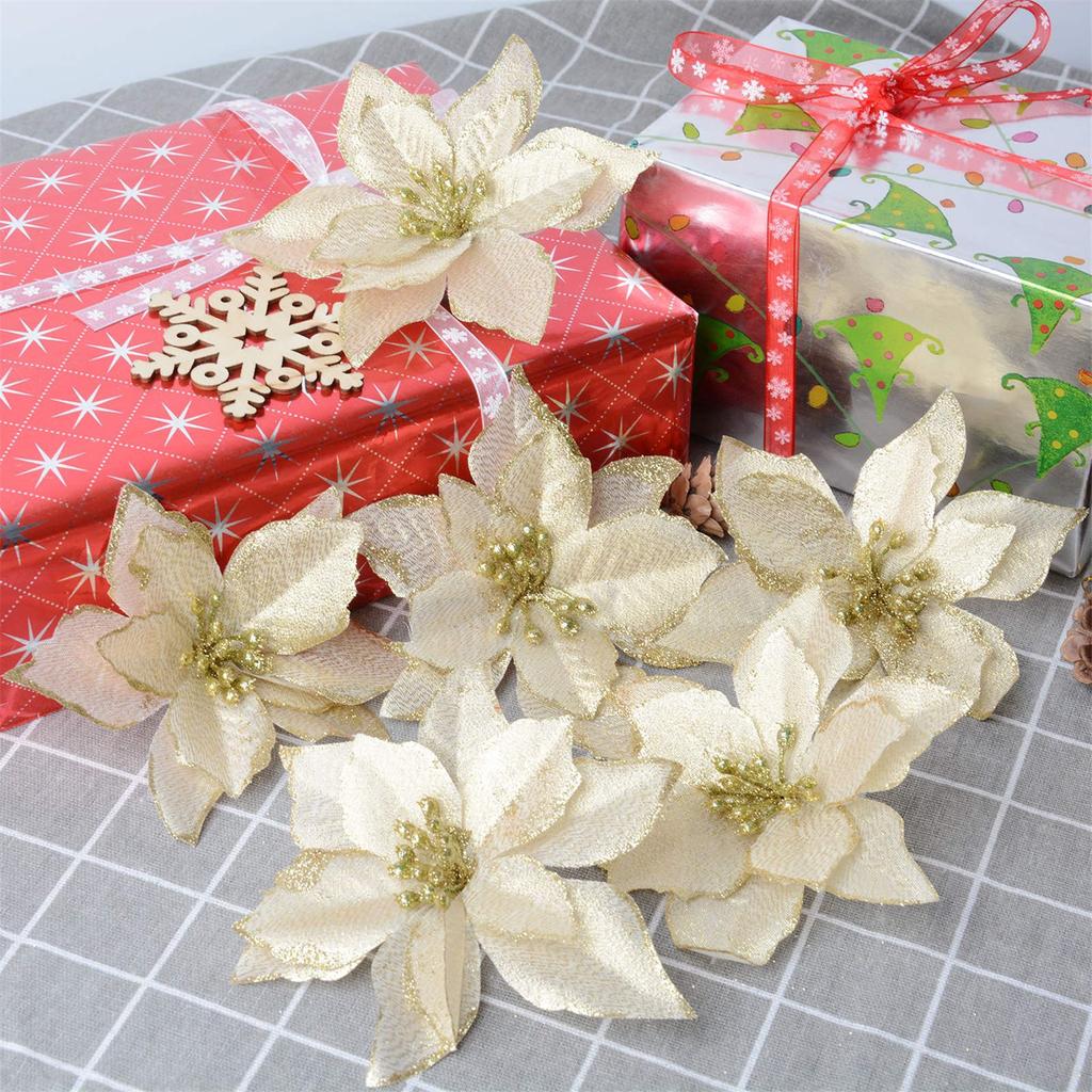 24PCS Glitter Artificial Christmas Flowers Fake Flower Xmas Tree Ornaments For Home New Year Christmas Party Decoration New