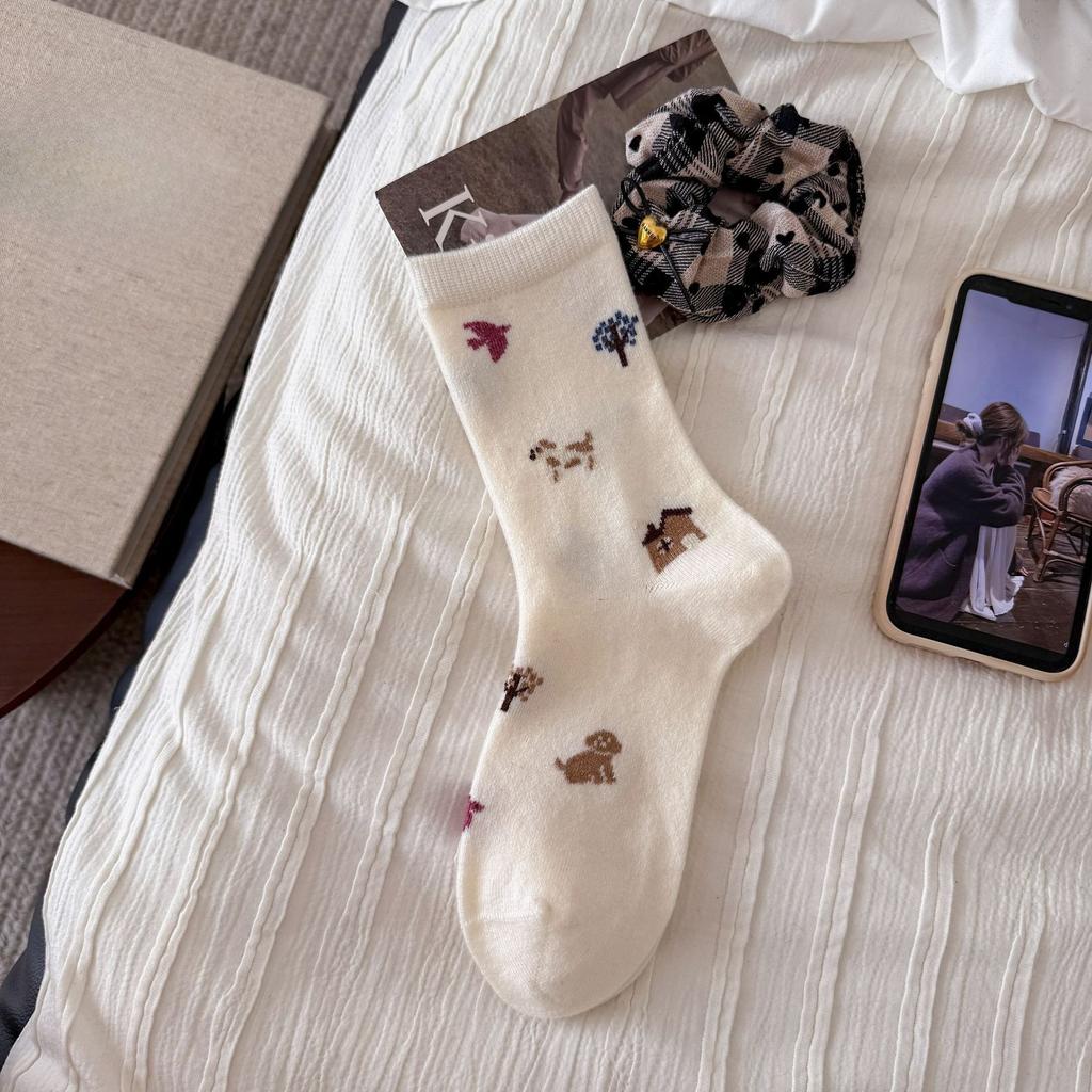 Женские осенне-зимние теплые новые простые мультяшные милые шерстяные бесшовные носки-гольфы