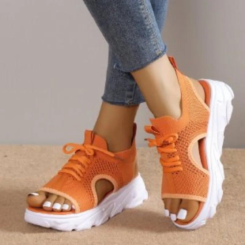 Fashion Large Size Sports Sandals for Women, 2025 New Hollow Toe Sandals, Fashionable Thick Soled Fly Woven Casual Beach Sandals