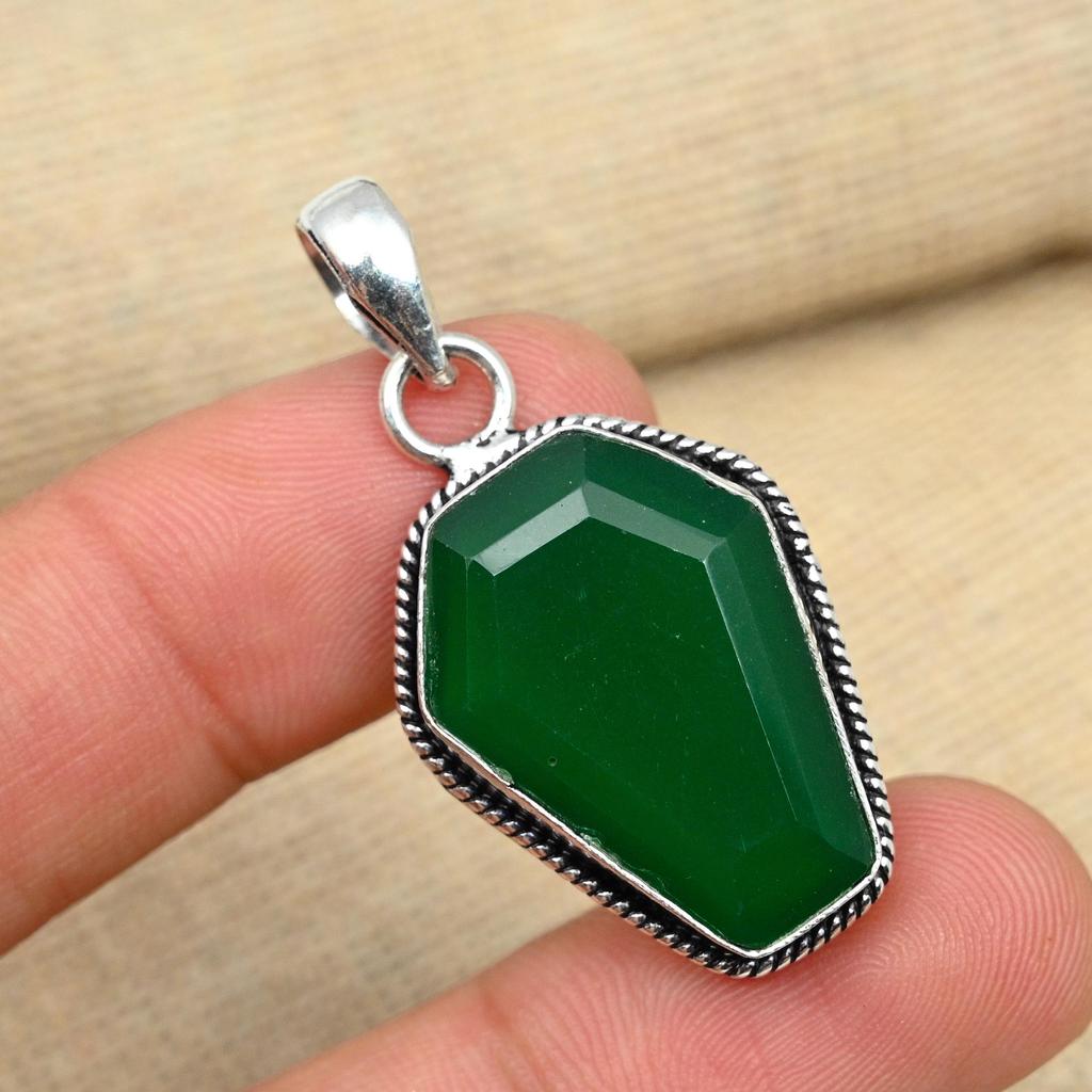 Green Onyx Gemstone Solid 925 Sterling Silver Handmade Jewelry Coffin Pendant