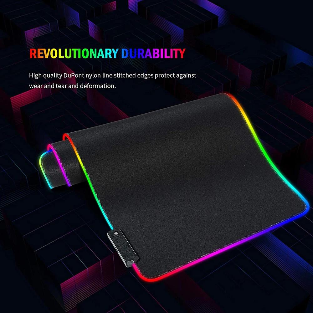 Игровой коврик для мыши с RGB-подсветкой — большой, с 14 режимами подсветки, противоскользящая резиновая основа.