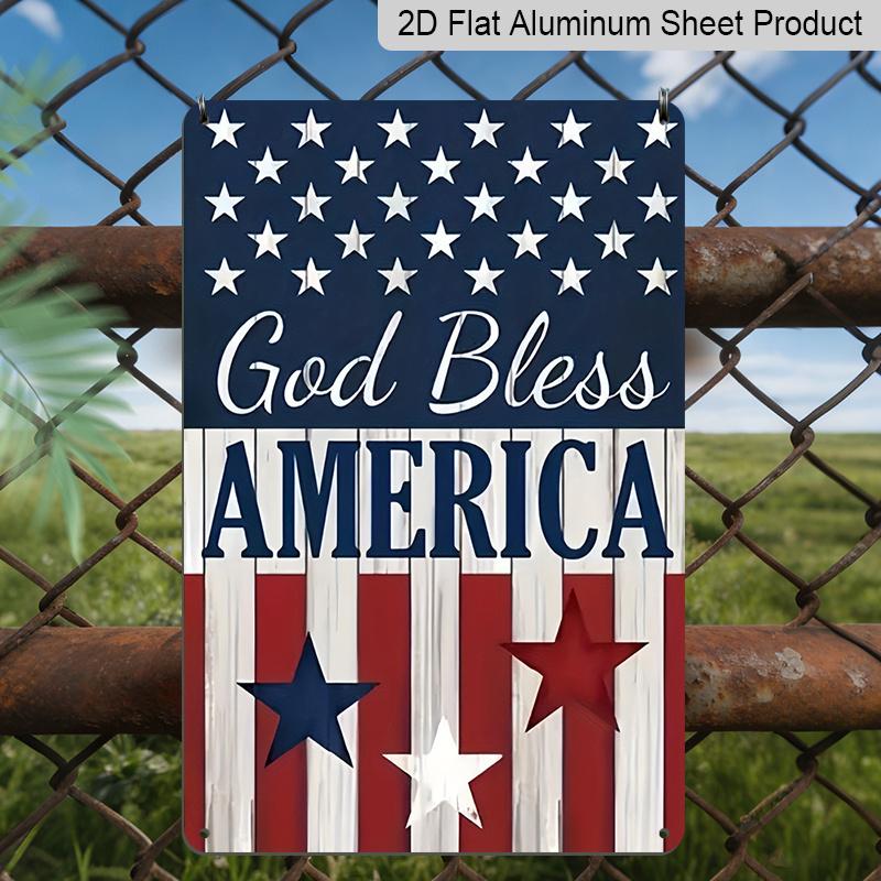 2D Flat Decorative 8×12 Inch Aluminum Plaque Metal Sign | God Bless America Patriotic Star & Stripes Design; Ideal for Patriotic Home & Outdoor Wall