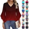 Women's Fashion Casual Seven-minute Sleeve Gradient, Tie-dye Print Top V-neck T-shirt Flared Sleeve Shirt