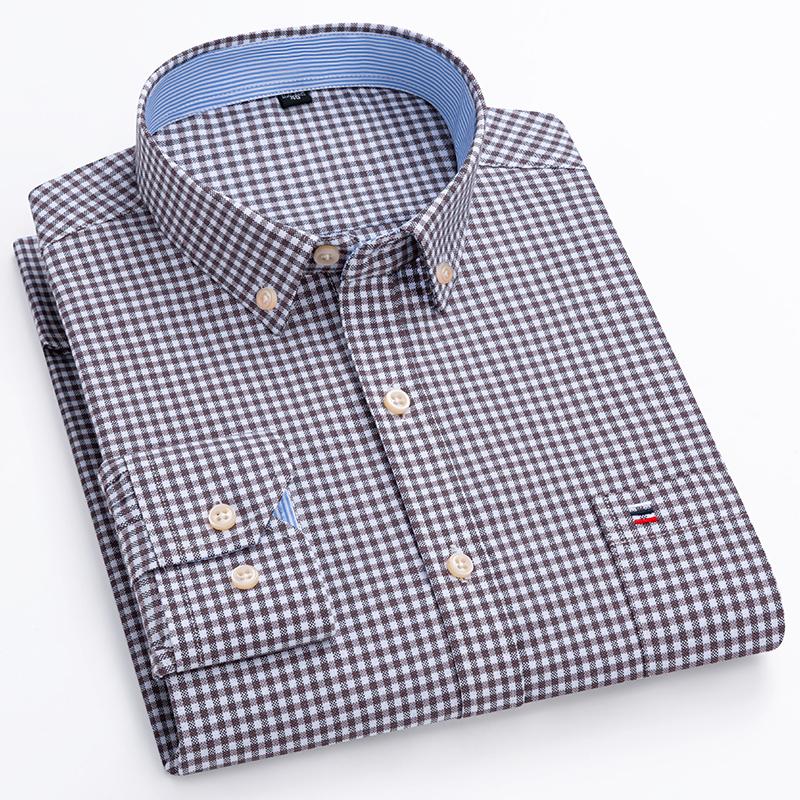 Мужская рубашка Оксфорд из чистого хлопка с длинным рукавом, повседневная клетчатая хлопковая рубашка большого размера для среднего и молодого возраста