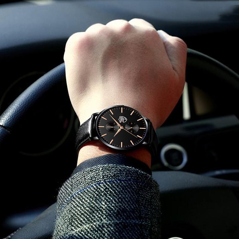 Мужские модные классические черные наручные часы, роскошные деловые часы Montre Homme, повседневные кожаные кварцевые часы для мужчин